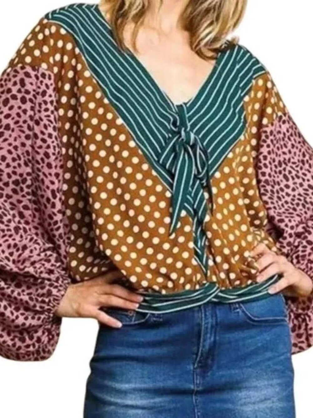 Umgee Patchwork Balloon Sleeve Top Multi Color ** Size S